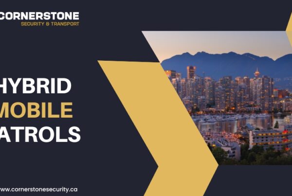 Hybrid Mobile Patrols promotion by Cornerstone Security & Transport, featuring Vancouver city skyline and branded gold graphic design.
