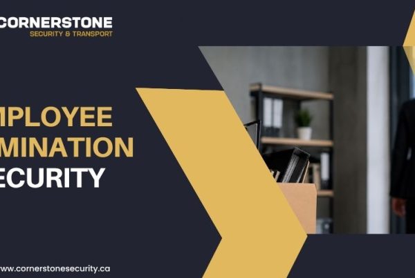 Cornerstone branded design that reads: "Employee Termination Security", with an image of an employee walking out of office after termination with possessions on the desk.